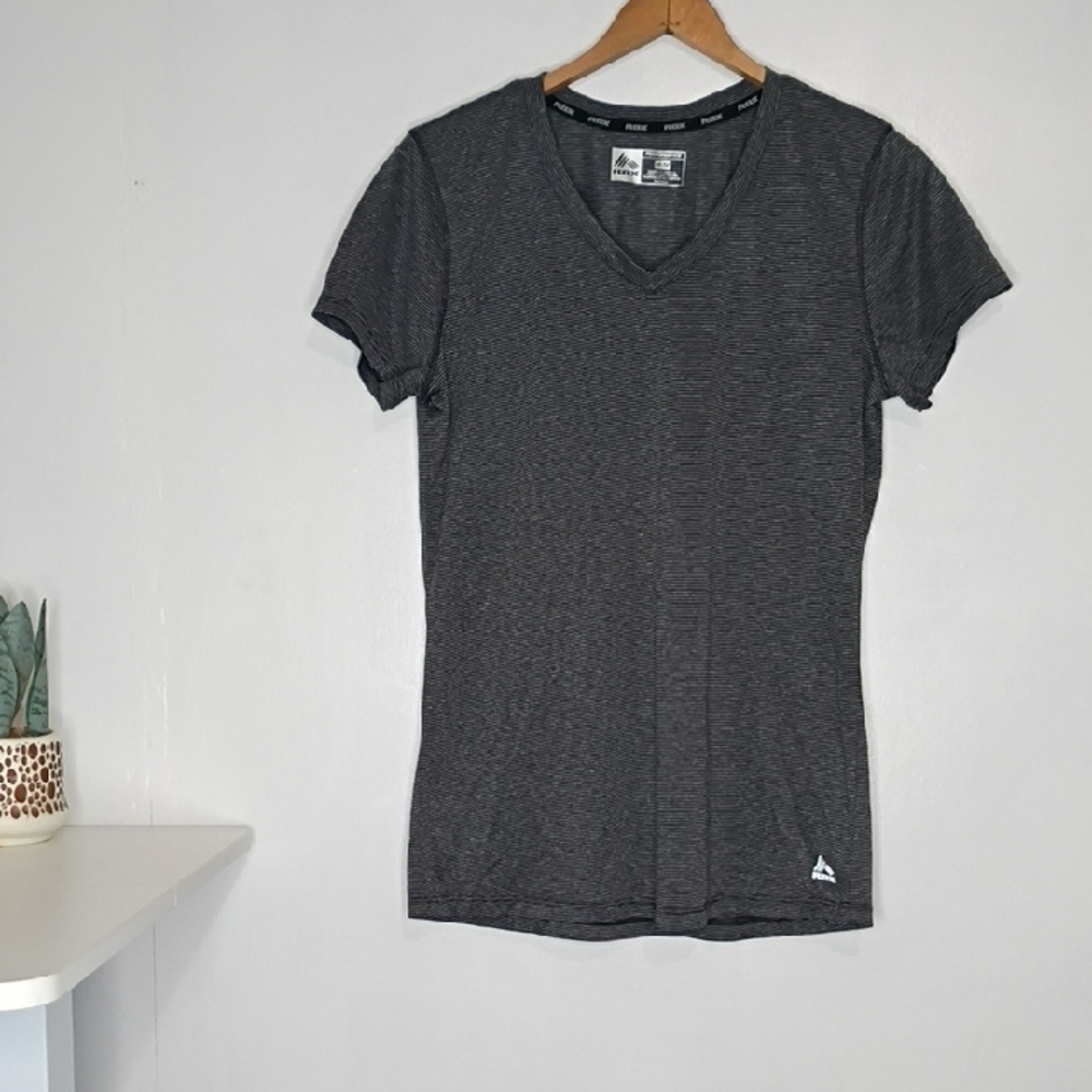 RBX Performance Gray Black Striped Short Sleeve Workout Tee Women’s M Fitted